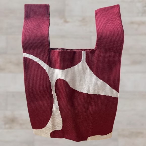 Burgundy-White Abstract, Thick-Knitted Small Wristlet/Mini Tote Bag NWT - Picture 4 of 13